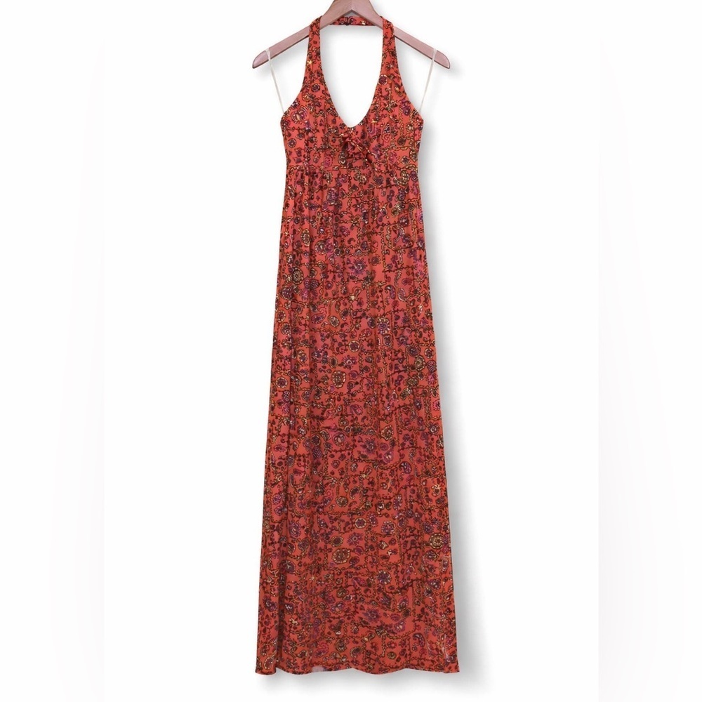 Sirena California 70's Neon Orange Floral Halter 2 Side Slits Maxi Dress S/M - Picture 1 of 17